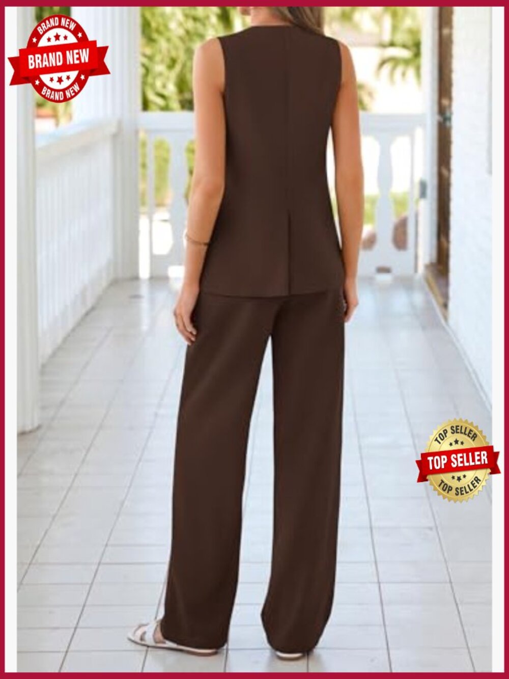 Dressy 2 Piece Pantsuit Set Sleeveless Blazer Vest Wide Leg Pants Business - Picture 5 of 7